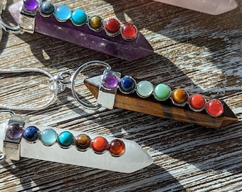 7 Chakra Rose Quartz Necklace: Tigers Eye, Amethyst, Clear Quartz, Sterling Silver Chain