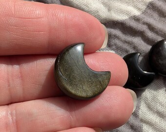 Gold Sheen Obsidian Moon: Mini Carved Gemstone, Crystal Decor