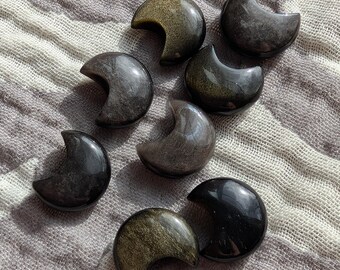 Gold Sheen Obsidian Moon: Mini Carved Gemstone, Crystal Decor
