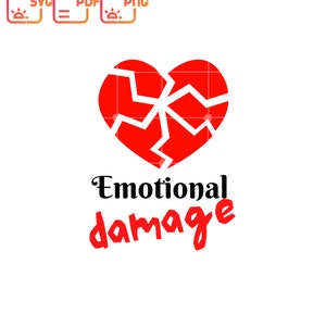 May include: A red heart shape is broken into pieces with the text "Emotional damage" below it.