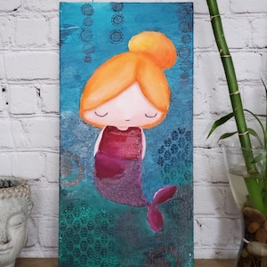 Sirène Zen, Carton entoilé Mixed Media (toile mince), techniques mixtes, multimédia, peinture, acrylique, aquarelle, Fabriqué au Québec