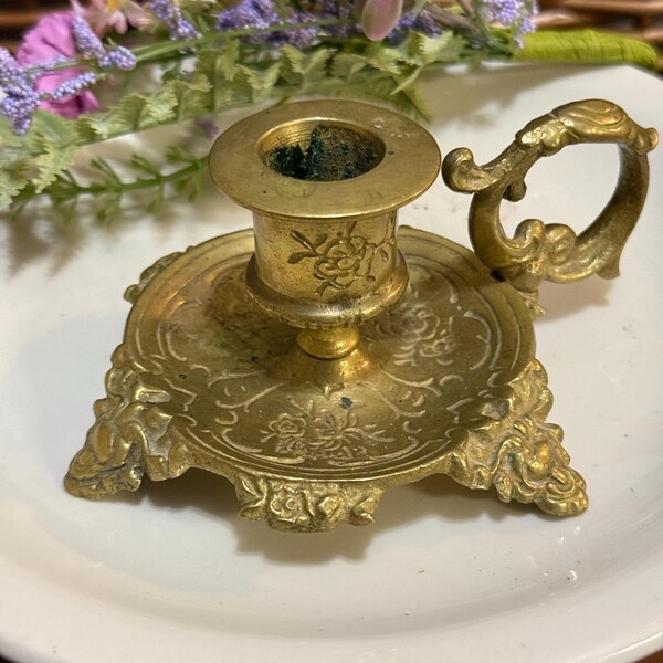 Antique Rococo Style Chamber Stick Candleholder Brass