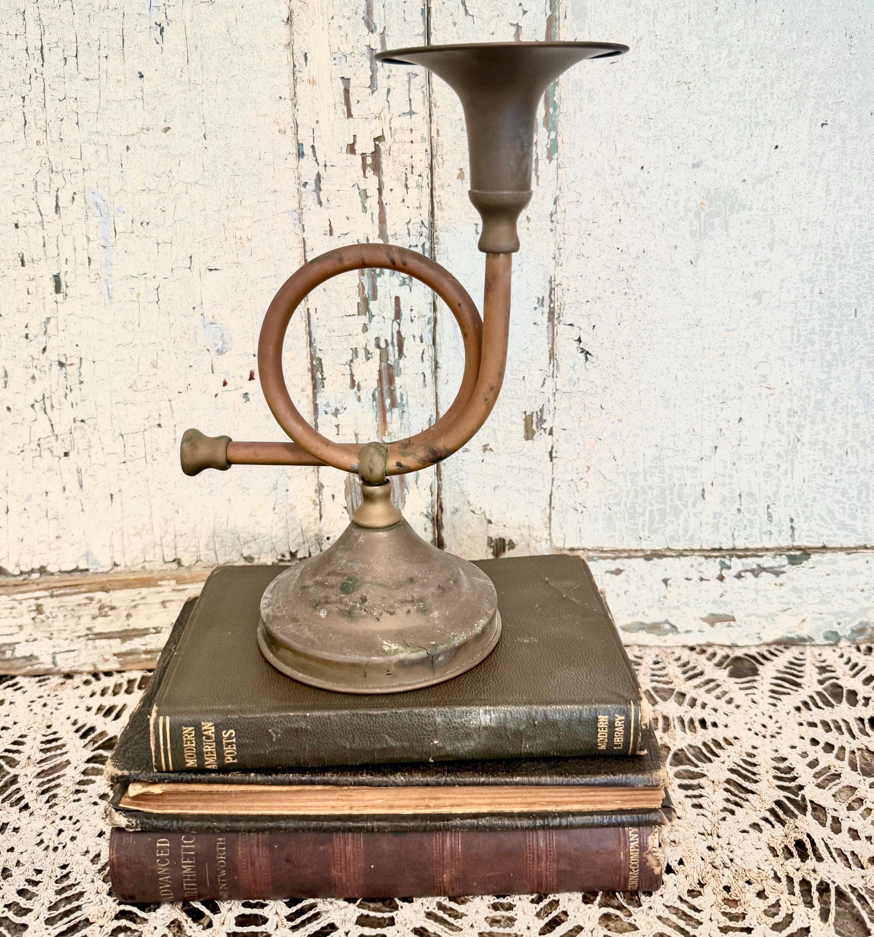 Brass and Copper Hunting Horn Candlestick or Decor