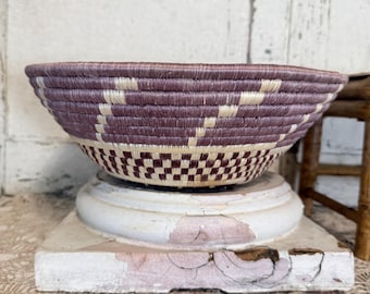 Hand-Woven Coil Basket Natural Fibers 12” Purple and Natural with Hanging Loop