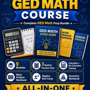 Può includere: Immagine promozionale per un corso di matematica GED Ultimate. L'immagine presenta una calcolatrice, una matita e diversi quaderni di lavoro, tra cui una guida allo studio, un quaderno di problemi di parole e un quaderno di geometria. Il testo include "Complete GED Math Prep Bundle" e "Instant Download."