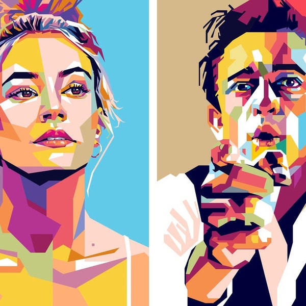 May include: A digital illustration of two people in a pop art style. The woman has blonde hair and is wearing a white vest top. The man has dark hair and is wearing a white shirt and a dark waistcoat. The background is a mix of bright colours.
