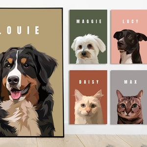 May include: A framed portrait of a Bernese Mountain Dog named Louie, with a series of smaller pet portraits of dogs and cats. The portraits are in a minimalist style, with each pet's name displayed above their image.