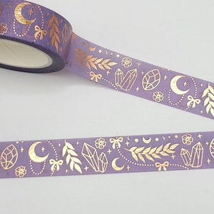 Purple-Grey and Gold Foil Moon, Crystals, and Wheat Washi Tape  / BUJO or Planner Supply / Pen Pal Gift / Crystals Washi Tape / Junk Journal