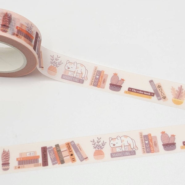 Books and Cat Washi Tape / Book Lover Gift / Junk Journal / BUJO or Planner Supply / Books Washi / Cute Masking Tape / Cat Lover Gift