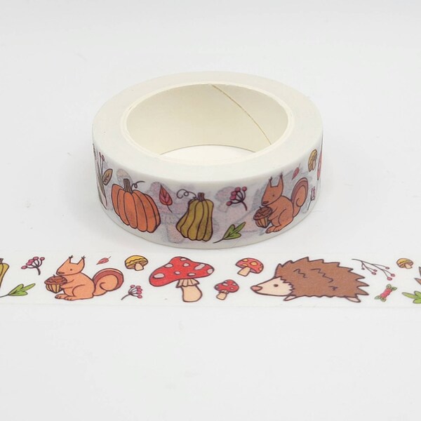 CLEARANCE Woodland Squirrel and Hedgehog Washi Tape / Leaves and Mushrooms Washi / Autumn Forest Washi / Pen Pal Gift / Junk Journal or BUJO