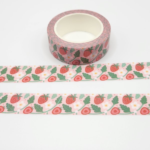 Sweet Strawberries and White Flowers Washi Tape / Cute Summer Fruit Washi Tape / Strawberry Washi Tape / Pen Pal Gift / BUJO or Planner