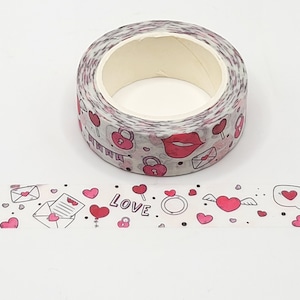 Fita Washi de corações e letras fofas/Love Washi/Pen Pal Gift/Fita Washi do Dia dos Namorados/Planejador ou fornecimento BUJO/Corações rosa