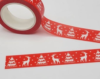 Red and White Reindeer and Christmas Tree Washi Tape / Festive Winter Washi / Pen Pal Gift / Crafter Stocking Stuffer / Holiday Washi Tape /