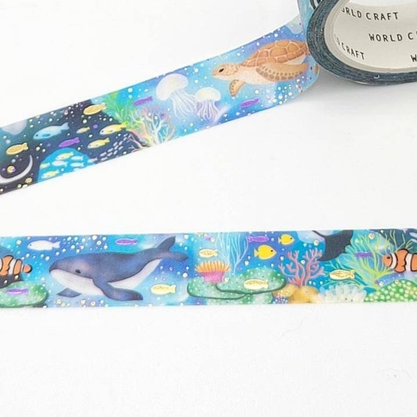 World Craft Ocean Washi Tape / Whale Lover Gift / Sea Turtles and Whale Washi / Bullet Journal or Planner Supply / Gilded Washi / Fish Washi