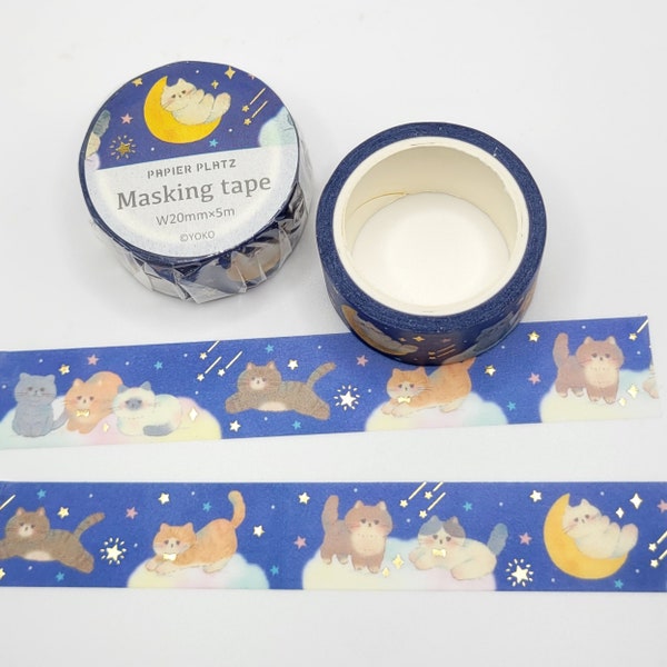 Papier Platz Cats, Clouds, and Moon Washi Tape / Cute Cats Washi / Cat Lover Gift / Masking Tape / Pen Pal Gift / BUJO or Planner /