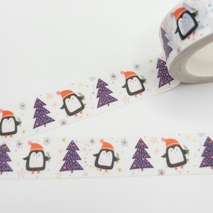 Cinta washi de árboles de Navidad y pingüinos / Cinta washi de pájaros festivos / Lindo relleno de calcetín navideño / Regalo para amigos por correspondencia / Washi festivo / Planificador o BUJO