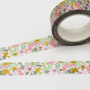 Pink and Green Gilded Floral Washi Tape / Gold Foil Washi / Pen Pal Gift /