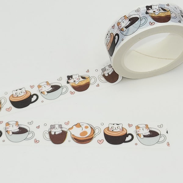 Cats in Coffe Washi Tape / Kawaii Cat Washi Tape / Coffee Lover Gift / Planner or BUJO / Snail Mail Embellishment / Cat Lover Gift