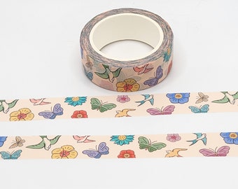 Fita Washi com Pássaros e Borboletas em Pastel: Fita para Planejador Floral