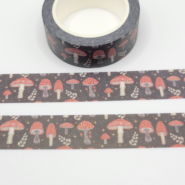 Black with Red Mushrooms Washi Tape / Fungi Washi Tape / Woodland Forest Washi Tape / Pen Pal Gift / Cottagecore Washi / BUJO or Planner