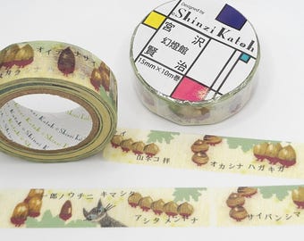 May include: A roll of washi tape with a light yellow background and a green and brown pattern of acorns and squirrels. The tape is labeled "宮沢賢治" and "15mm x 10m巻" in Japanese. The tape is designed by Shinzi Katoh.
