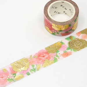 Gold Foil Roses Washi Tape: Pink Floral Scrapbook Tape