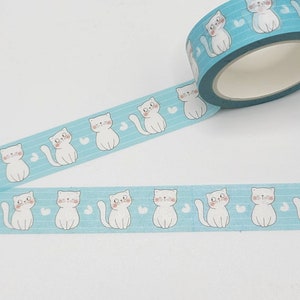 Kawaii White Cat Washi Tape / Cat Lover Gift / Cute Cartoon Cat Washi / Pen Pal Gift / BUJO or Planner Supply / Snail Mail Embellishment