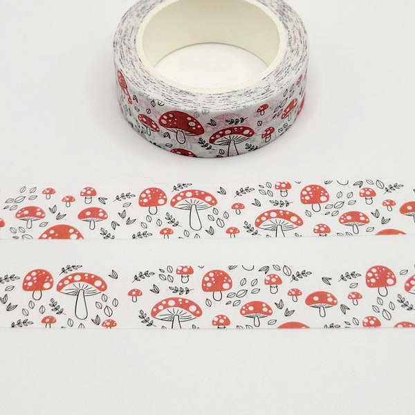 Red and White Mushrooms Washi Tape / Mushrooms and Leaves Washi / Cute Forest Fungi Washi / Cottagecore Washi Tape / Mushroom Lover Gift