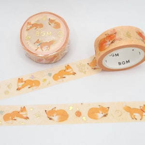 BGM Leaves and Fox Washi Tape / Woodland Creature Washi / Cute Animal washi / BUJO or Planner / Pen Pal Gift / Gold Foil Embossed Washi