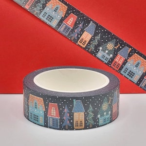 Snowing Winter Village Washi Tape / Cute Neighborhood Houses Washi Tape / Pen Pal Gift / Planner or BUJO Supply / Holiday Washi Tape