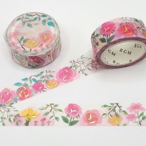 BGM Garden Rose Washi Tape / Beautiful Floral Washi Tape / Gold Foil Washi / Pen Pal Gift / Planner or BUJO / Botanical Washi Tape /