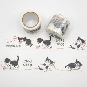 Playful Curi Neco Cats with Yarn Washi Tape / 30mm Wide Cat Washi / Cat Lover Gift / Cute Japanese Washi Tape / Planner or BUJO Supply