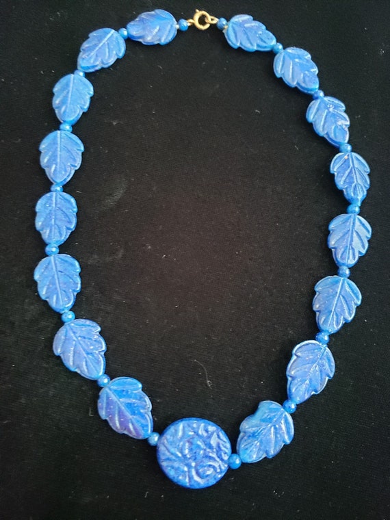 Blue Molded Glass Leaf Necklace
