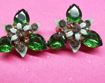 Green Crystal Clip on Earrings