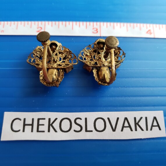 Signed Czechoslovakia,  Colorful, Gold-tone Earri… - image 2