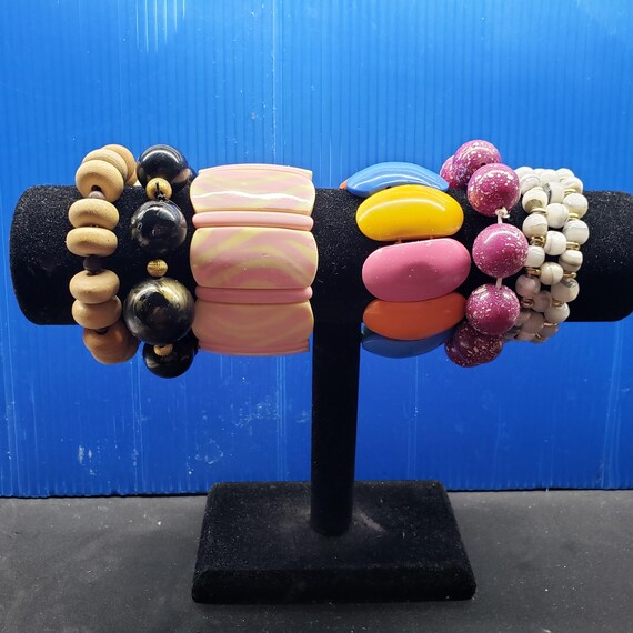 Vintage Stretch Bracelets, 40s-50s Lucite, Wood, … - image 9