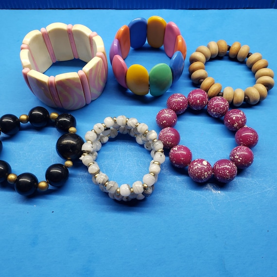 Vintage Stretch Bracelets, 40s-50s Lucite, Wood, … - image 1