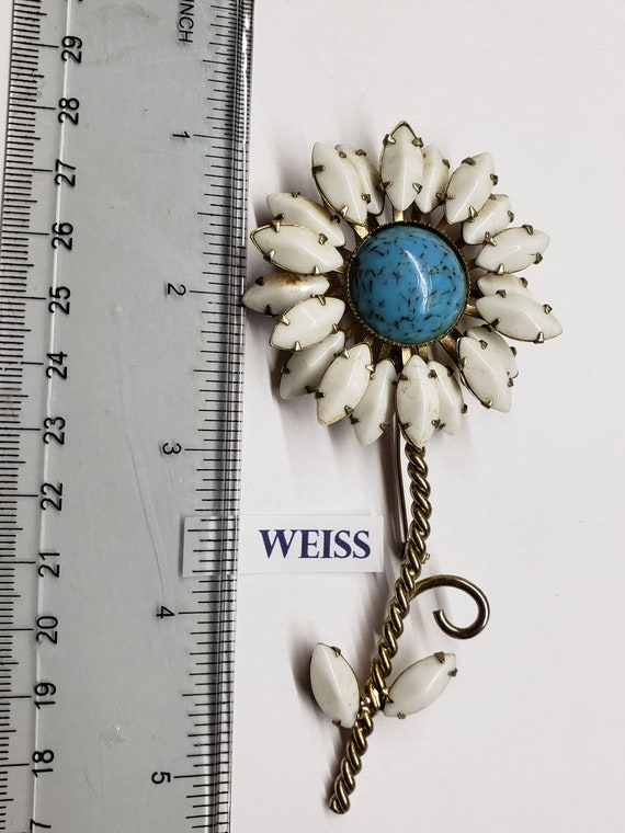 Signed Weiss, White and Blue  Flower Brooch - image 2