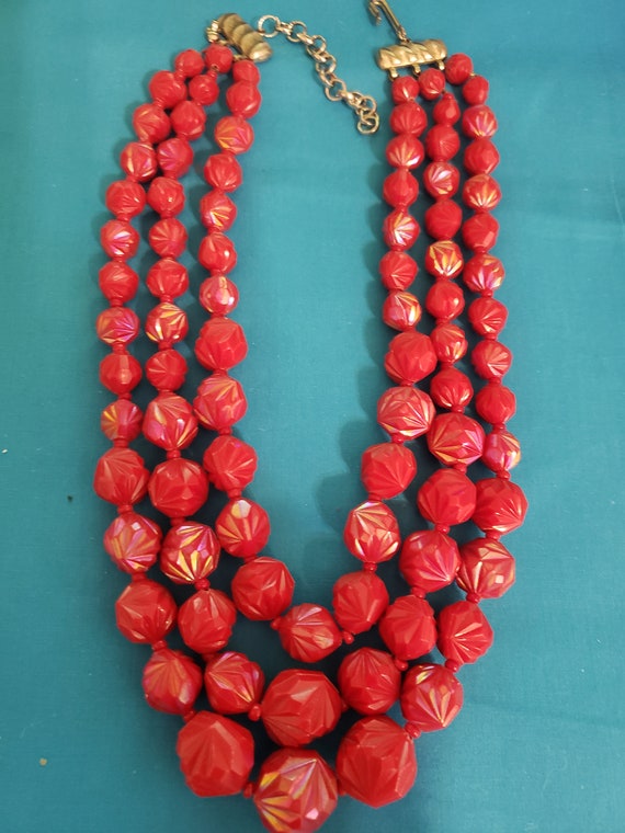 Red Three Strand Necklaces, Lucite/Plastic
