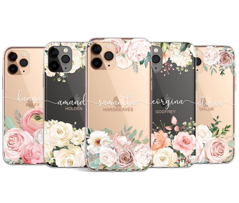 Personalised Phone Case Clear Floral Flowers Cute Soft Gel Cover for Samsung Galaxy Huawei & Apple iPhone 12 11 6 7 8 X XS Max XR Pro Plus 