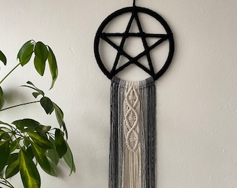 Pentagramm Wandbehang | Schwarz Weiß Handgefertigtes Fibre Art Decor - 20 cm