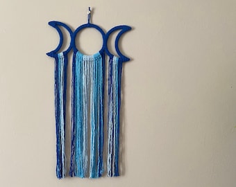 Blue Triple Moon Wall Hanging: Wiccan Decor, Moon Phase Art