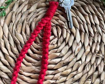 Red Macrame Wristlet Keychain: Recycled Cotton, Lobster Clasp