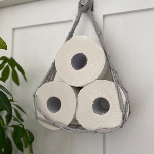 Grey Macrame Toilet Roll Holder, Recycled Cotton Bathroom Storage