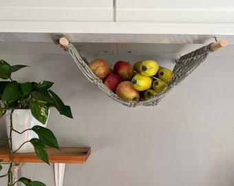 Sage green fruit veg hammock, hanging produce storage basket, kitchen space saver, produce bag, hanging basket,under cabinet kitchen storage