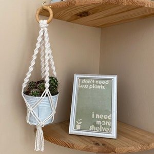 Pode incluir: Um suporte de plantas de macramé branco com um anel de madeira e uma pequena planta de cacto em vaso pendurada em uma prateleira de madeira. A prateleira tem uma placa que diz "Não preciso de menos plantas. Preciso de mais prateleiras."