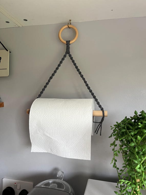 Handmade Grey Cotton Kitchen Roll Holder: Hanging Paper Towel Rack