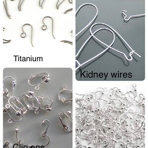 May include: A collage of different earring findings, including titanium, kidney wires, clip-ons, and sterling silver.
