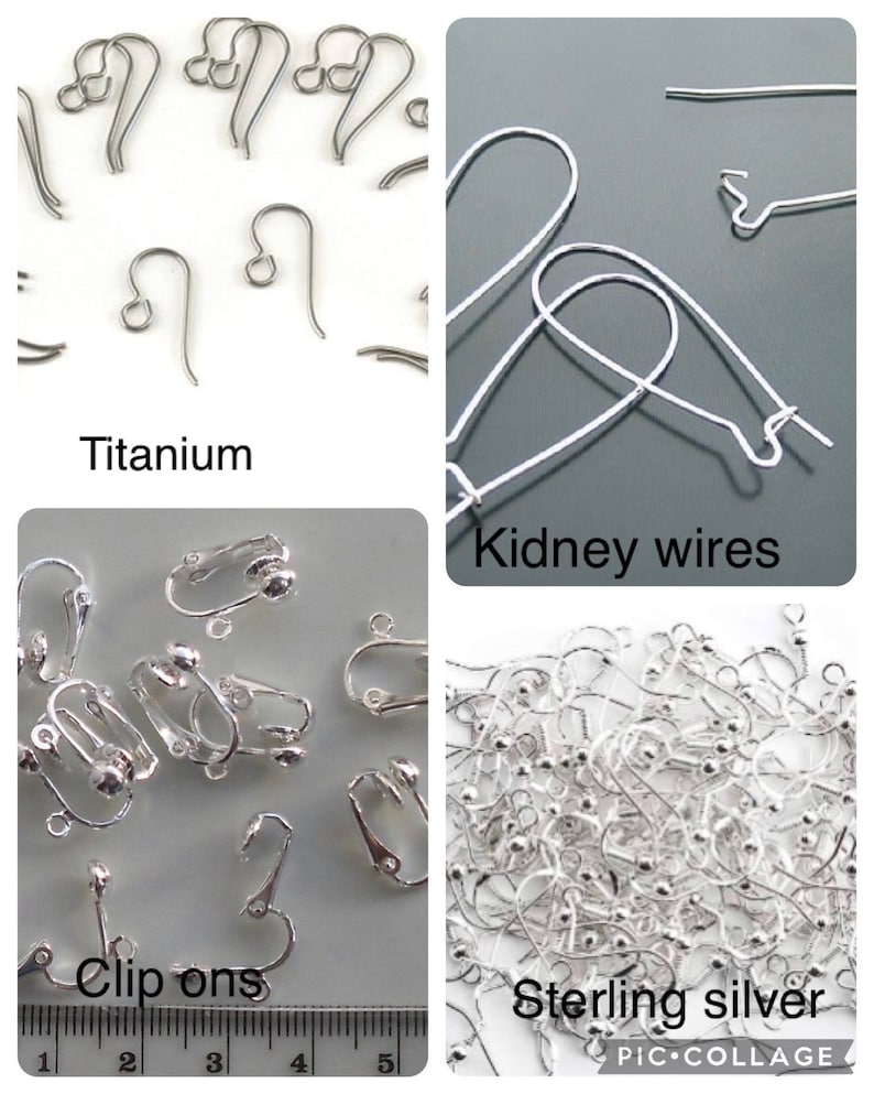 May include: A collage of different earring findings, including titanium, kidney wires, clip-ons, and sterling silver.