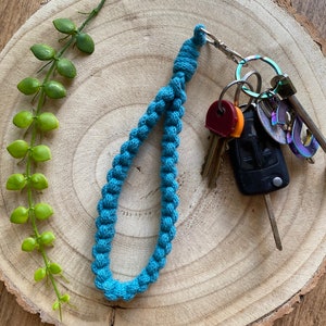 Teal Wristlet Keychain, Wrist Strap Keyring, Wrist Strap For Keyring, Eco Friendly Gifts, Blue Keyring, Wristlet Strap, Macrame Wristlet